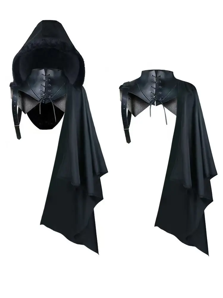 Medieval King & Knight Regal Black Polyester Hooded Battle Cloak Costume, Lace-Up Detail, Asymmetric Hem, Casual Fit, Quality Fabric Accessory - Ideal for Cosplay, Halloween, Accessories