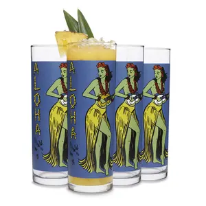 Libbey Zombie Blue Glass Tumbler Set, Vintage-Style Tiki Drinking Glasses Set of 4, Exotic, Tall Drinking Glass Cups for Backyard Luau or Pool Party