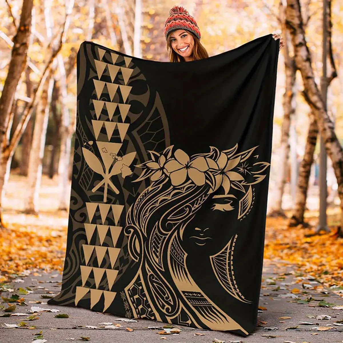 Black Hawaiian Tribal Print Flannel Blanket - Cozy All-Seasons Throw with Geometric, Floral, Tropical Bird Patterns, Soft Warm for Home, Travel