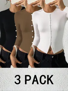 Women's Fall Winter 3-Piece Set, Round Neck Single-Breasted Button Cardigan, Slim-Fitting Long Sleeve Knitwear Top, Casual Plain Pattern