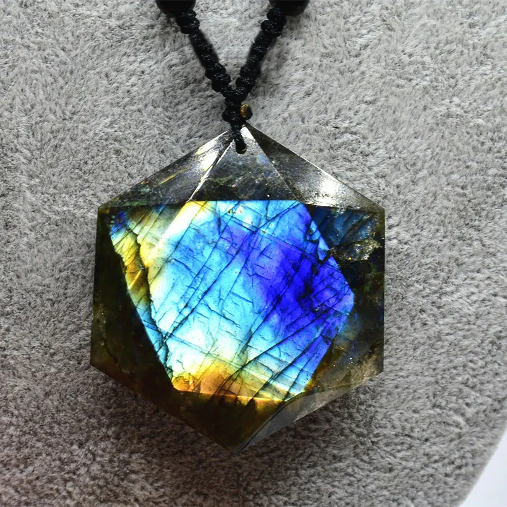 Natural Labradorite Hexagonal Geometric Pendant Necklace - Unisex Earthy Natural Stone Spiritual Jewelry, 16-26" Adjustable Chain, 20-26mm, Aura Protection & Transformation, Calms Mind, Stress Reliever, Accessory Necklace for Adults