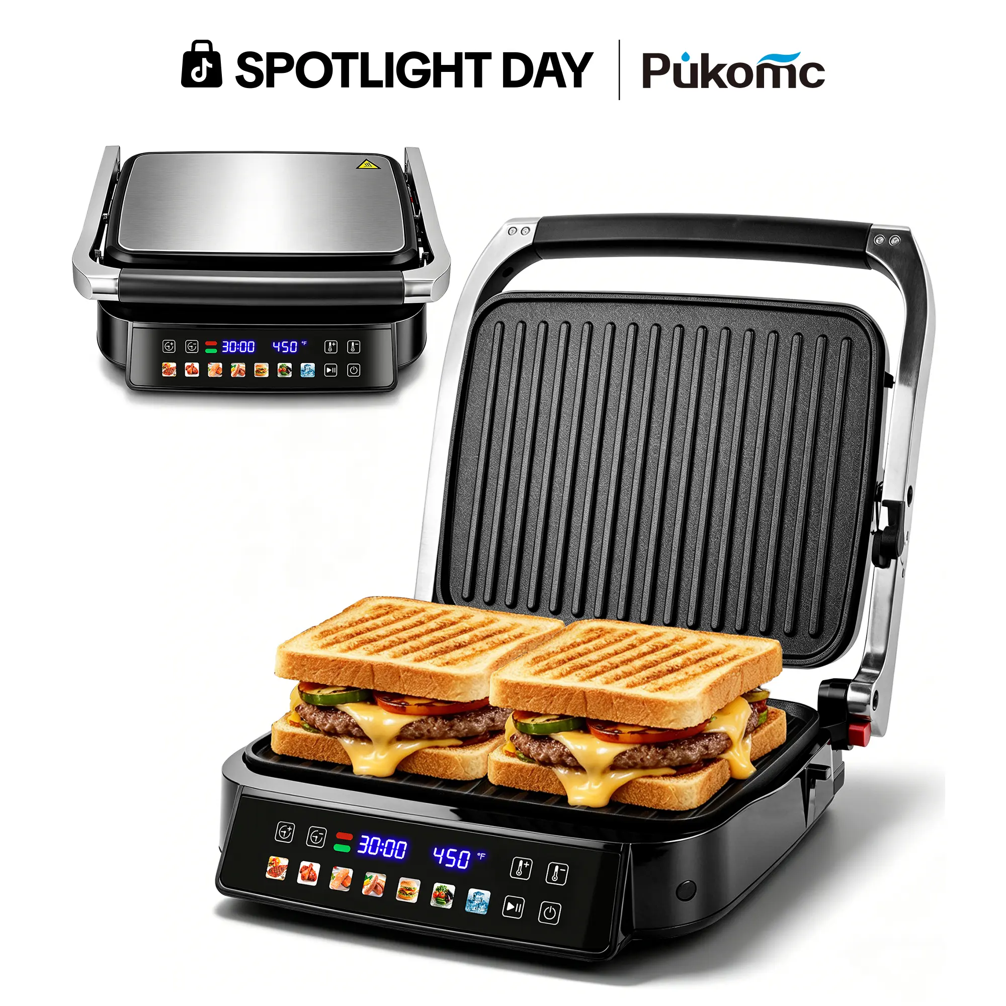 Pukomc 7-in-1 1500W Electric Contact Panini Maker Table Top Grill - Compact Kitchen Appliances, 180° Flat Opening, Non Stick Griddle, Removable Grill, LED Controls, Dual Temp Control, Timer for Timing, 7 Preset Modes, Safety Lock, Drip Tray
