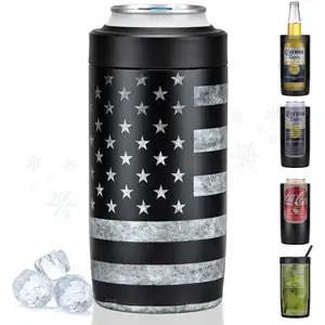 4-in-1 Slim Can Cooler Easy to Hold Insulated Beer Can Holder Double-Walled Stainless Steel for All 12 Oz Cans Black America Flag 2