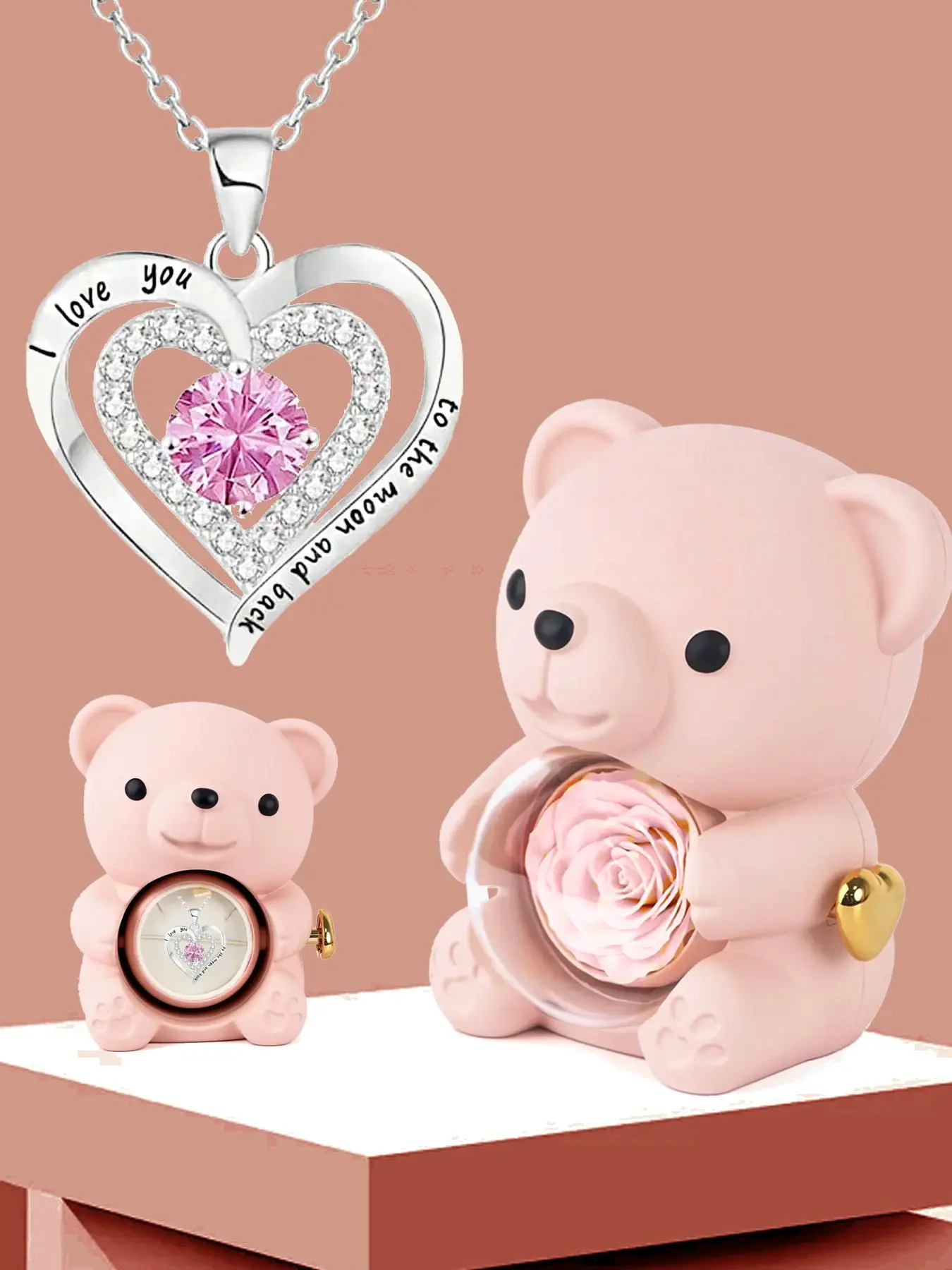 Valentine's Day Cute Heart Pendant Necklace with Bear Design Box, Rhinestone Decor Pendant Necklace, Fashion Jewelry Accessories for Women As Gift Gifts For Girlfriend, Charms Necklace
