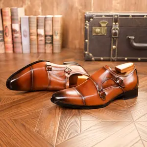Men's Closed Double Monk Strap Buckle Loafers - Split Leather Uppers, Breathable, Wear-Resistant, Rubber Soles, All-Seasons Casual Work Footwear for Business Office, Wedding