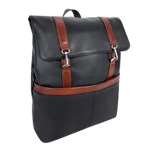 212 MAIN 17 in. U Series 2-Tone Pebble Grain Leather Flap-Over Backpack with Laptop Sleeve, Tablet Compartment, Contrast Accents, Padded Straps, and Zipper Pocket, Black