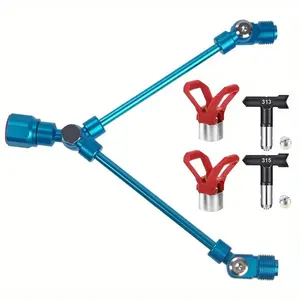 Double Spray Tip Extension Pole 5-Piece Combo Set, includes 2 reversible spray tips (313, 315) and 2 red protective guards, suitable for airless paint sprayers, ideal for spraying paint, latex, and other coatings, doubling work efficiency, Spray Nozzles
