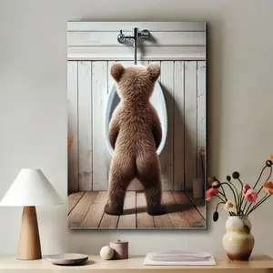 [Creative Bear Canvas Art] Creative Wildlife Artwork - Playful Bear Bathroom Canvas Art Print, Wrapped Wooden Frame Poster for Home Wall Decor, Ideal for Bedroom, Living Room, Perfect Holiday Gift