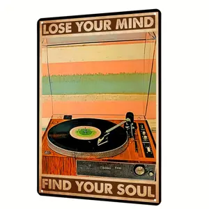 Multicolor Vintage Vinyl Record Metal Wall Art Sign - 12x8in/30x20cm Iron Surface Hanging Decor, Retro DJ Turntable Design, "Lose Your Mind, Find Your Soul" Text - Ideal for Music Room, Home Bar - Gift for Vinyl Enthusiasts