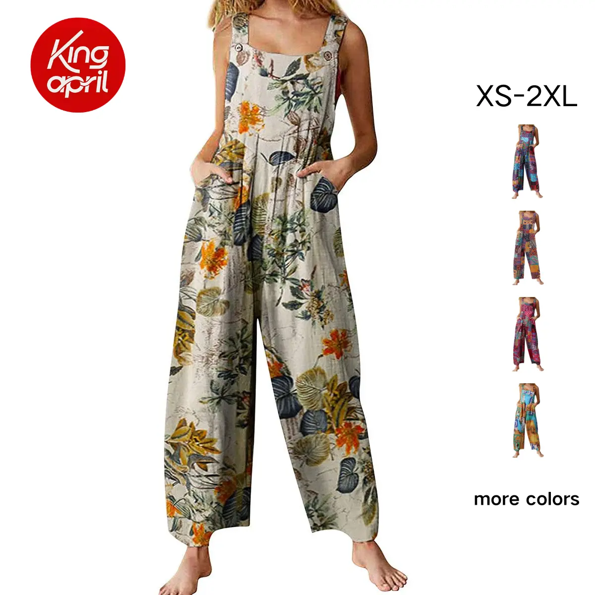 Kingapril Women's Boho Floral Print Jumpsuit, Casual Sleeveless Baggy Bib Overalls with a Wide Leg, Pockets, and Side Zipper, Jumpsuits For Women, Boho Clothes For Women