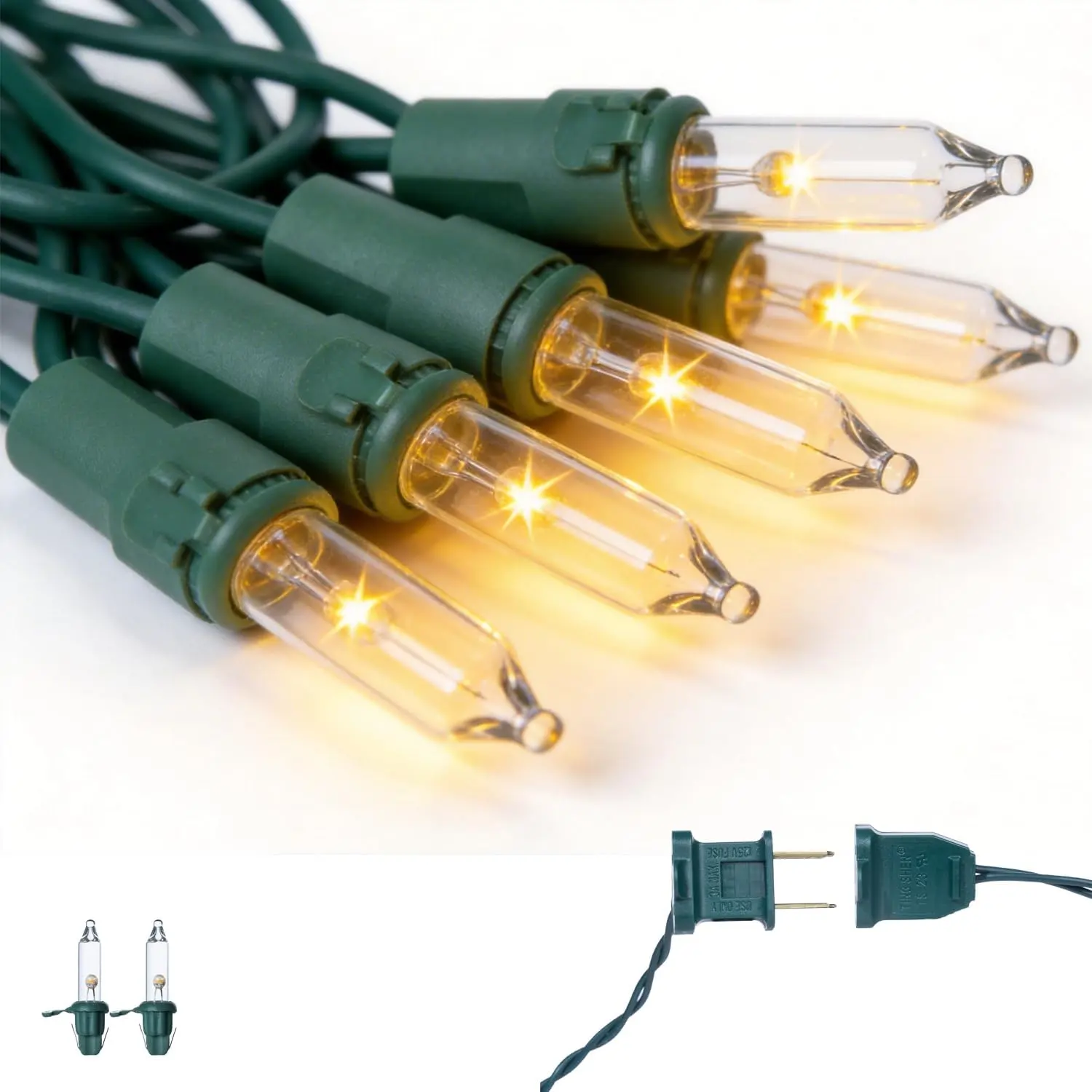 Mini Clear Christmas String Lights 26ft 100LED Warm White Outdoor String Lights, Connectable Green Wire UL Certified (Includes 2 Spare Fuses & 4 Bulbs)
