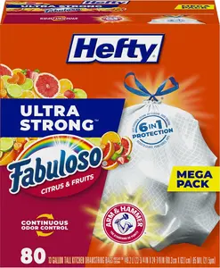 Hefty Ultra Strong 13 Gallon Trash Bags, Tall Kitchen Trash Bags 13 Gallon Size, White, Fabuloso Citrus & Fruits Scent, 80 Bags Home Supplies