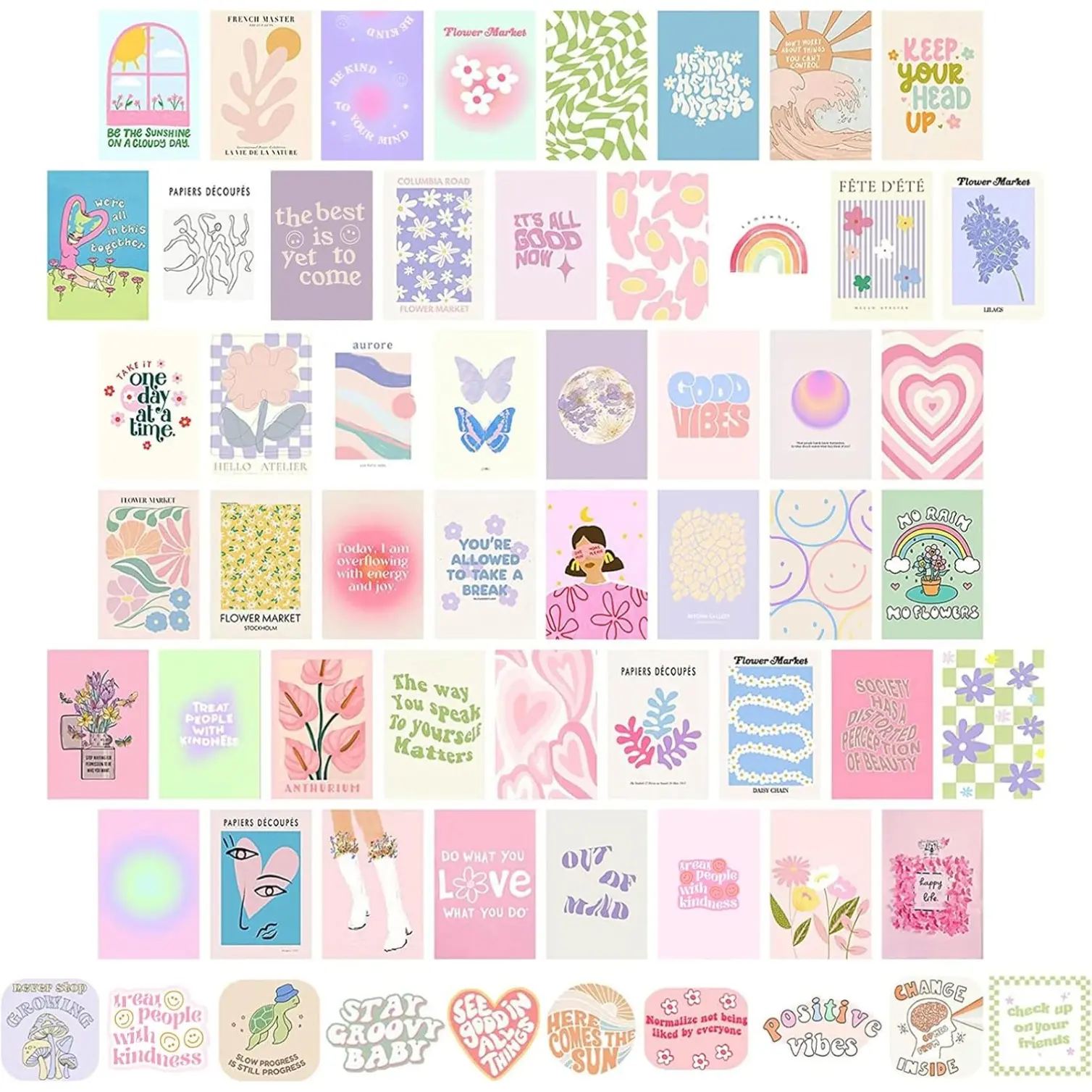 50pcs Danish Pastel Room Decor Aesthetic, Cute Pictures Wall Decor Aesthetic, Danish Pastel Wall Collage Kit, Cute Posters for Teen Girls Bedroom Wall Decor