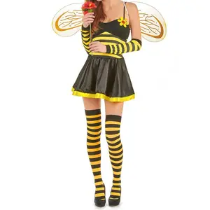 Women Halloween Bee Cosplay Costume Cami Dress Headband Wing Arm Sleeves Stockings Set for Themed Party