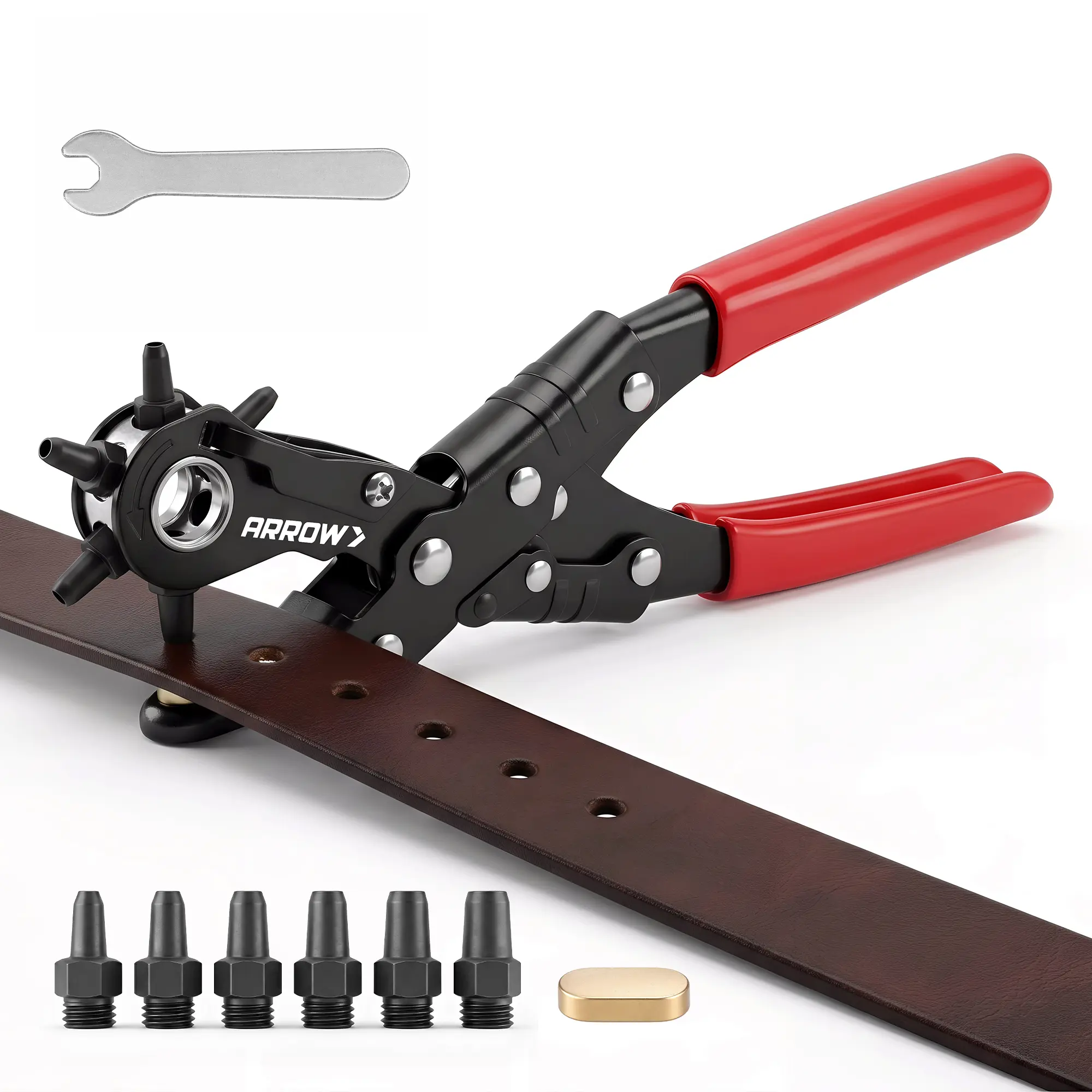 #summersale Arrow Belt Hole Puncher for Leather, Rotary Leather Hole Punch with 6 Sizes (3/32", 7/64", 1/8", 5/32", 11/64", 3/16"), Replaceable Punch Heads & Brass Anvil Plate for Belts, Fabric & DIY Projects