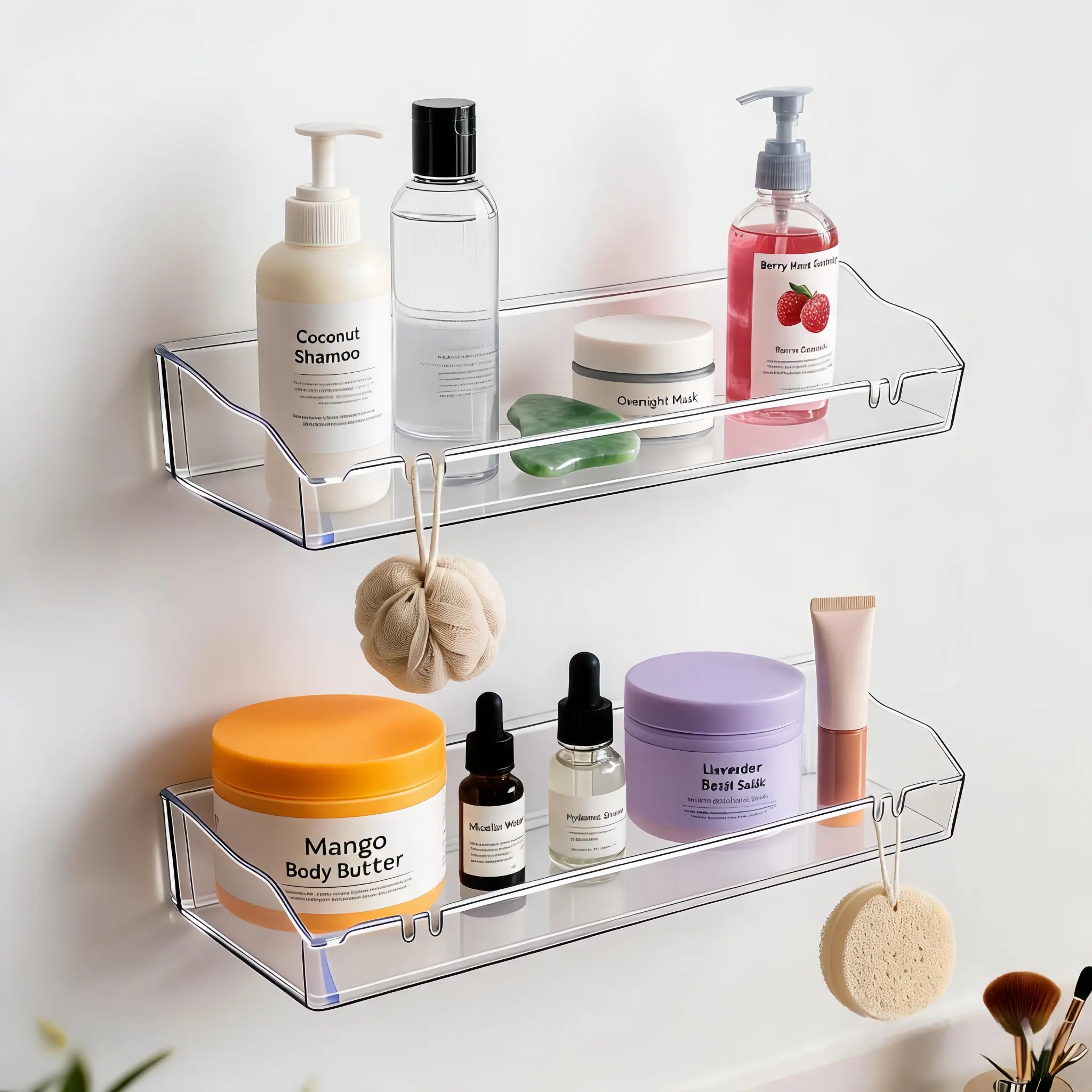 Clear Floating Shelves, Acrylic Shelves for Bathroom Organizers and Storage, Wall-Mounted Organizer for Shower Caddies, Room Décor, Kitchen, and Living Room Essentials.