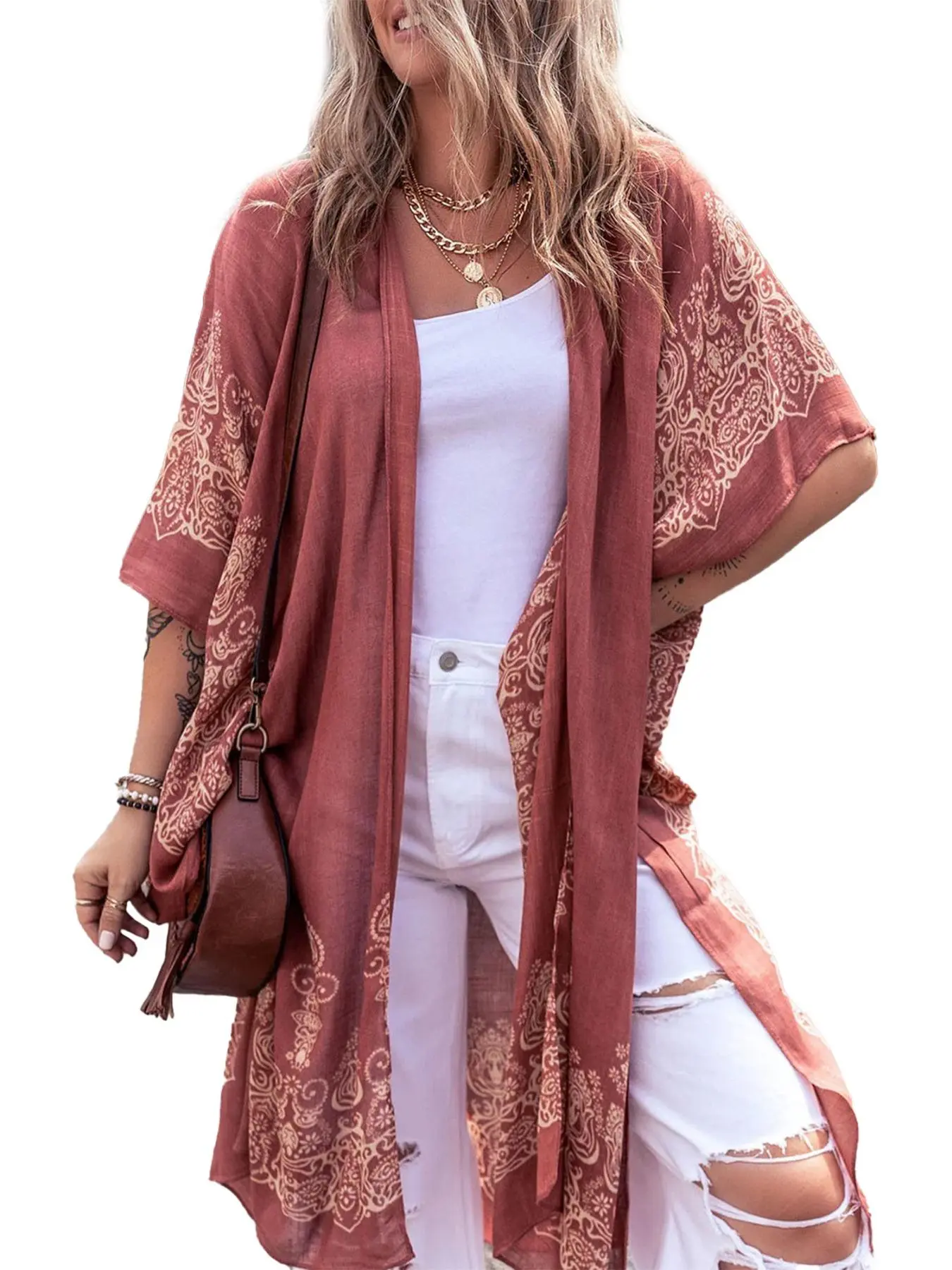Women's Ethnic Pattern Kimono, Casual Open Front Cover Up for Beach Vacation, Ladies Clothes for Spring, Summer & Fall, Womenswear