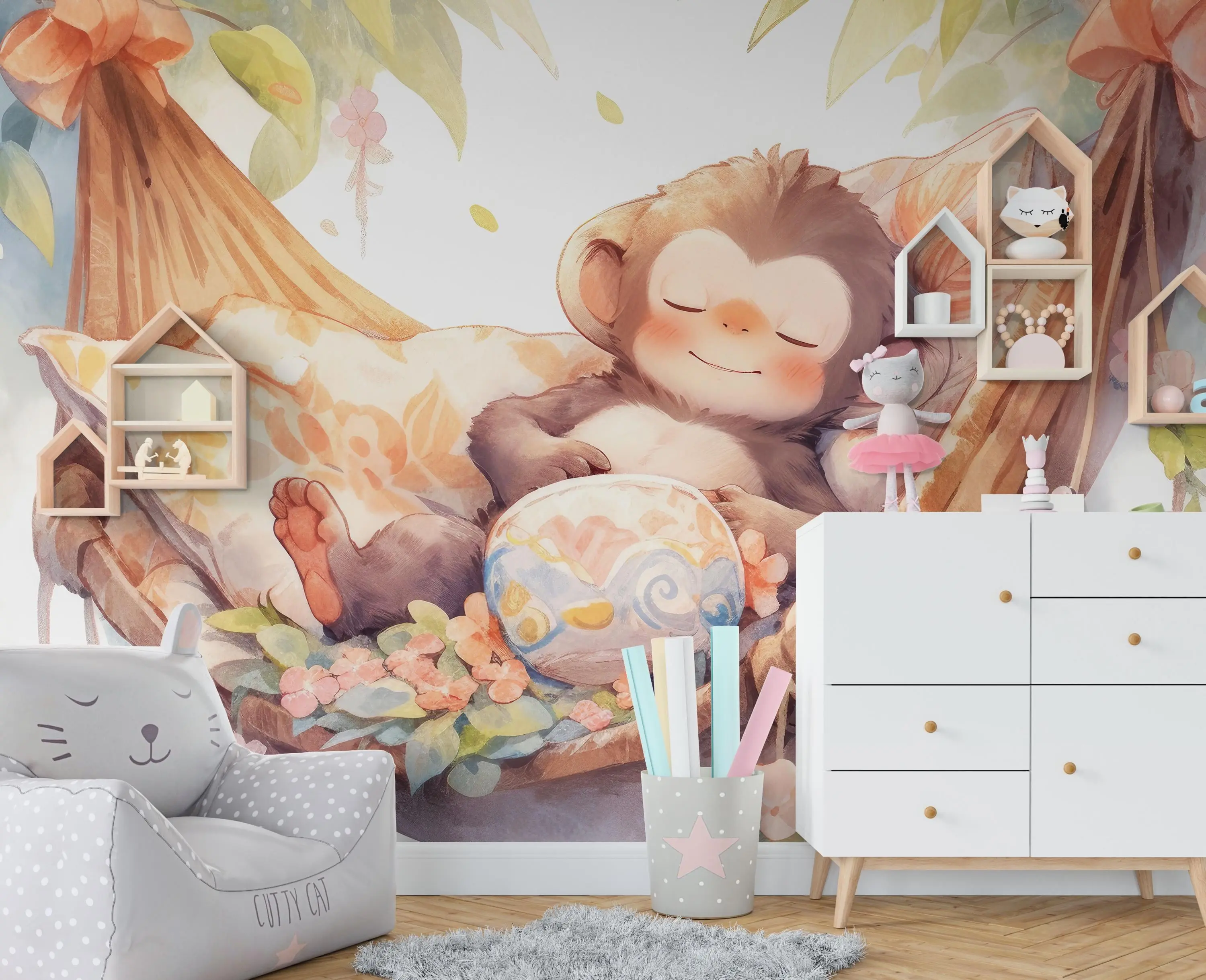 Sleeping Baby Monkey Peel and Stick Wallpaper – Watercolor Jungle Nursery Wall Mural for Baby Room or Toddler Play Space