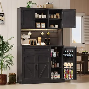 【CategorySelect】ONBRILL 71" Pantry Cabinet, Kitchen Pantry Storage Cabinet with LED Light & Outlet, Kitchen Hutch with Microwave Shelf & 6 Hooks, Door Shelves & Drawer & Adjustable Shelves, for Dining Room