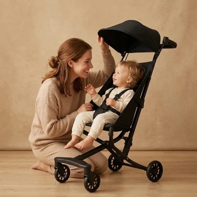 Travel Umbrella Stroller, One-Hand Quick Fold, 3-Point Safety Harness, Dual Brakes, Adjustable Removable Canopy, Lightweight Compact & Space-Saving, for 6 to 36 Months – Black