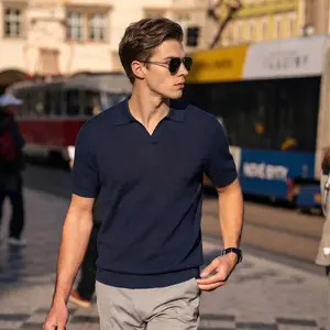 Boveme Men's Knitted Buttonless Polo Shirt - Menswear Tops, Cotton Ribbed Fabric, Business Casual, Soft, Breathable, Comfortable, High-Quality, Machine-Washable, Sturdy Hem