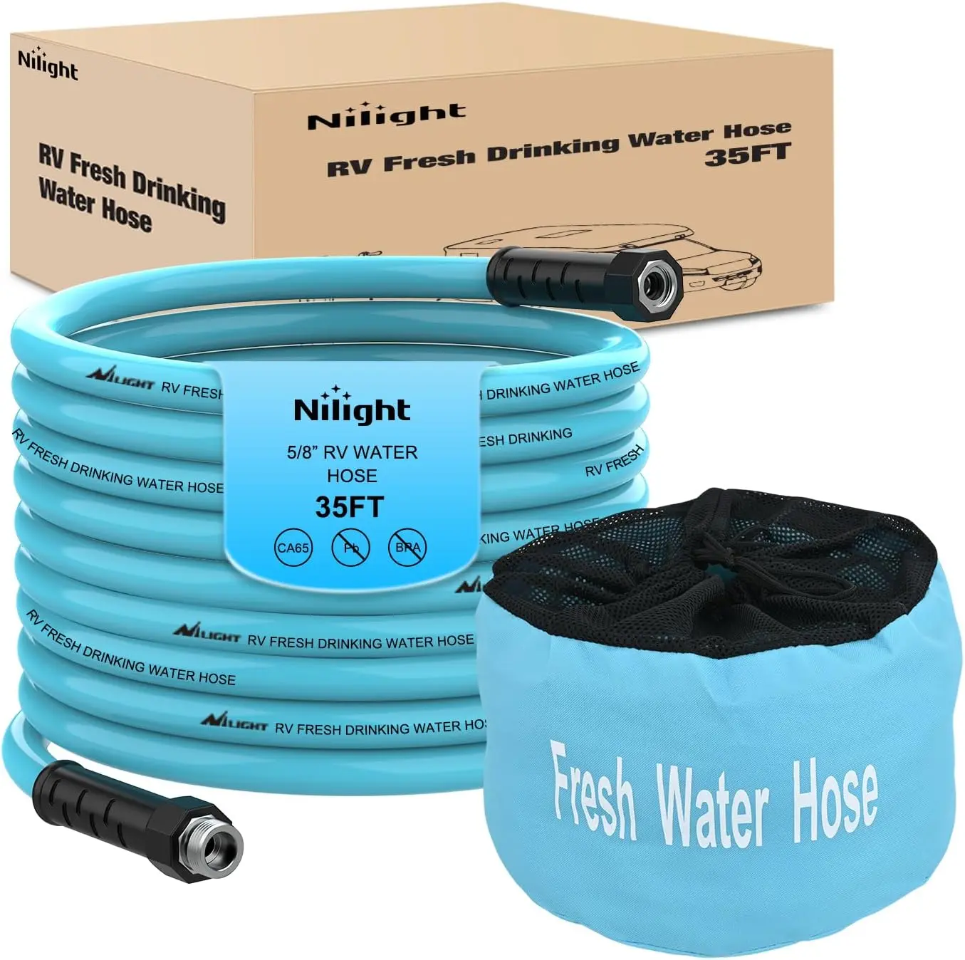 Heavy Duty Kink Free RV Freshwater Hose, 15/25/35/50FT 5/8" Inner Diameter Leakproof Flexible Lightweight Drinking Hose with Storage Bag for RVs, Car Wash Plumbing Accessories, Heavy Duty Hose, Kink Free Hose Garden Hose Connectors  Summervibes