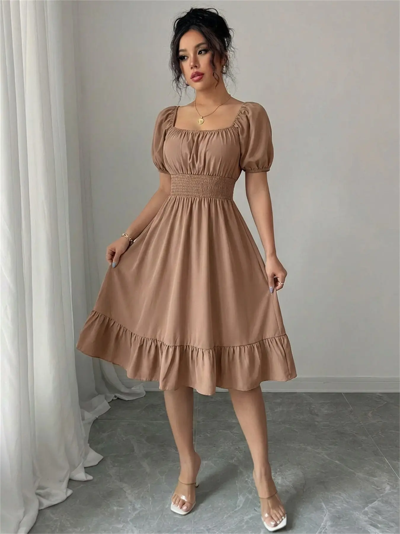 Summer Casual Boho Bohemian Fashion Square Neck Short Sleeve Ruched Waist Pleated Beach Vacation Solid Color Mid-Length Dress, Boho Styles, Bohemian Summer Dresses, Women's Fashion Clothing, Womenswear