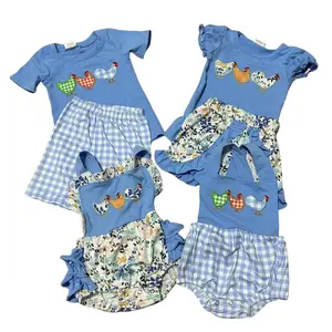 summer kids clothes embroidered chicken blue spring floral set