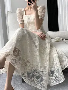 French Style Elegant Embroidery High Waist Slim Long Dresses