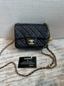 Pre-owned CHANEL Classic Square Mini Black Gold Lambskin Gold Ball Chain Bag 98% New 30 Series