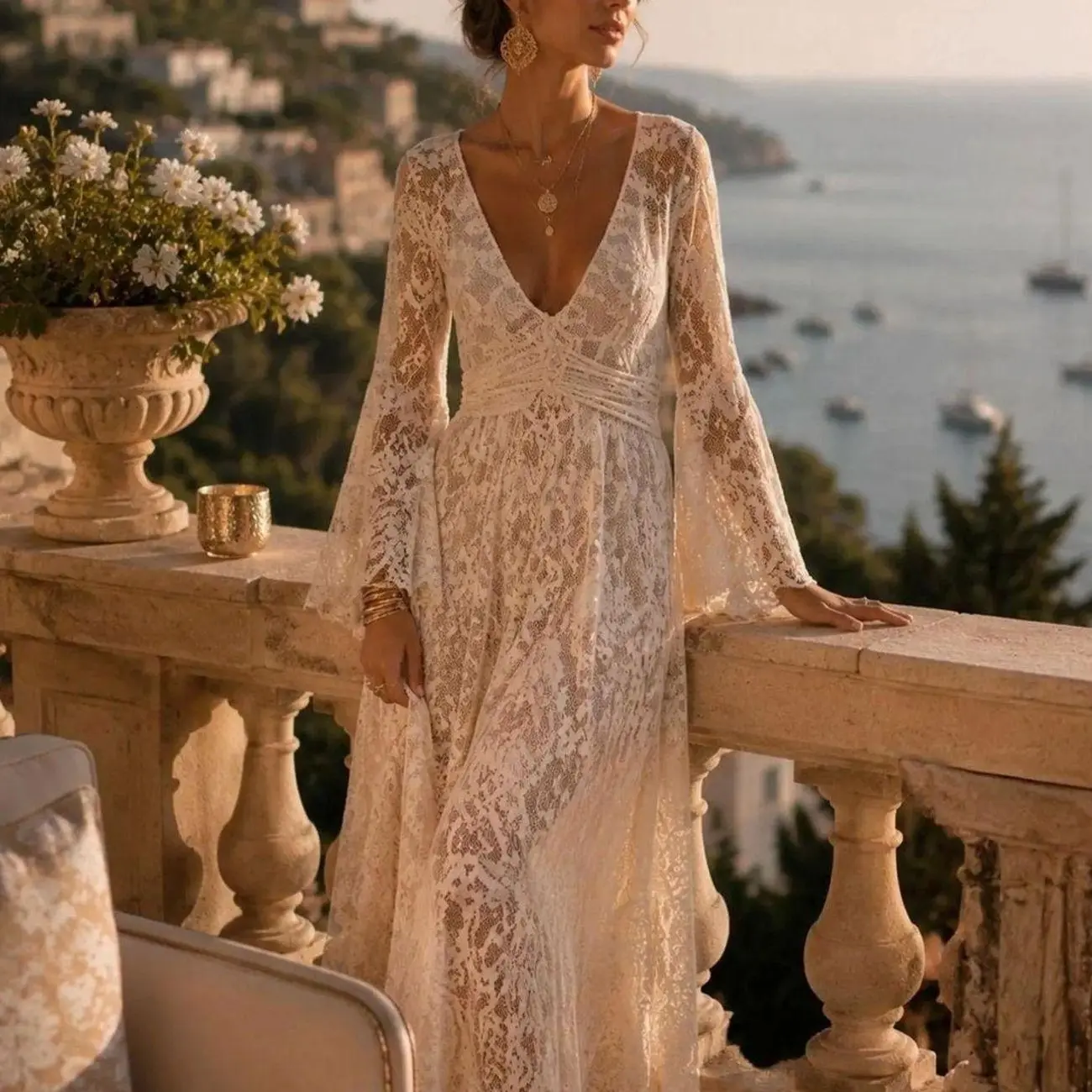 Boho Lace Maxi Dress, Deep V Neck Wedding Dress, Bell Sleeve Bridal Gown, Romantic White Lace Dress, Beach Wedding Outfit JSO JGQ XTU