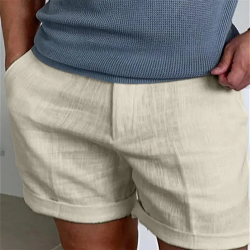 Men's Mid-Waist Fitted Knitting Linen Solid Color Shorts - Lightweight, Comfortable, Breathable, Pocketed, Pleated for Sports & Outdoor Casual Tropical Menswear, Breathable Comfy Shorts, Casual Athleisure Shorts