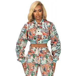 Rena Beige Crop Tapestry Varsity Jacket