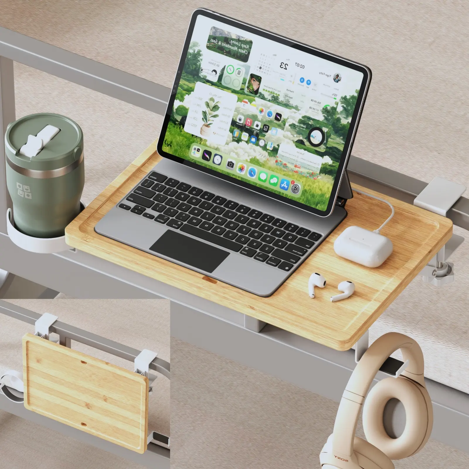 Wooden Bedside Shelf - Clip-On Foldable No-Drill Bed Side Tray with Cup Holder & Headphone Hooks for College Students Dorm Bunk Beds Home Space-Saving Storage Organizer (Dorm Essentials)