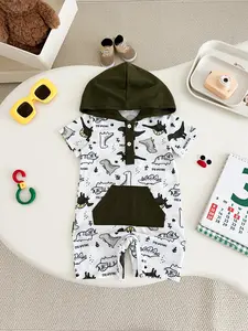Cute Dinosaur Print Hooded Romper with Pockets for Baby Boys & Girls, Spring Summer Daily Wear, Comfortable One-Piece, Baby Clothing, Baby Boy Clothes