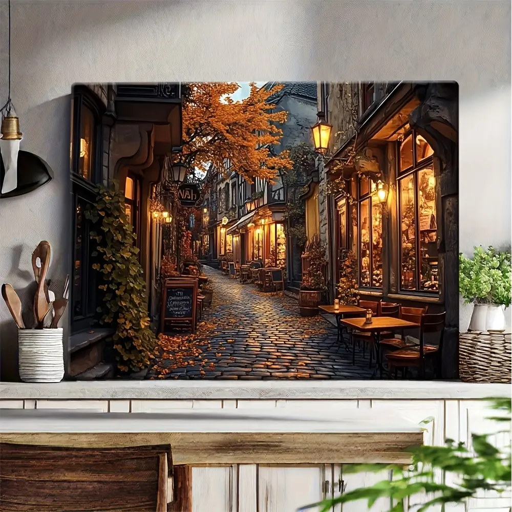 Artistic Autumn Pebble Street Framed Canvas Print - 12"x18",16"x24",Eco-Friendly,Antique Store,Green Tree,Warm Leaves,Cozy Café Scene - Modern Home Decor Hanging Kit,Decoration Items for Living Room,Bedroom - Gift Item
