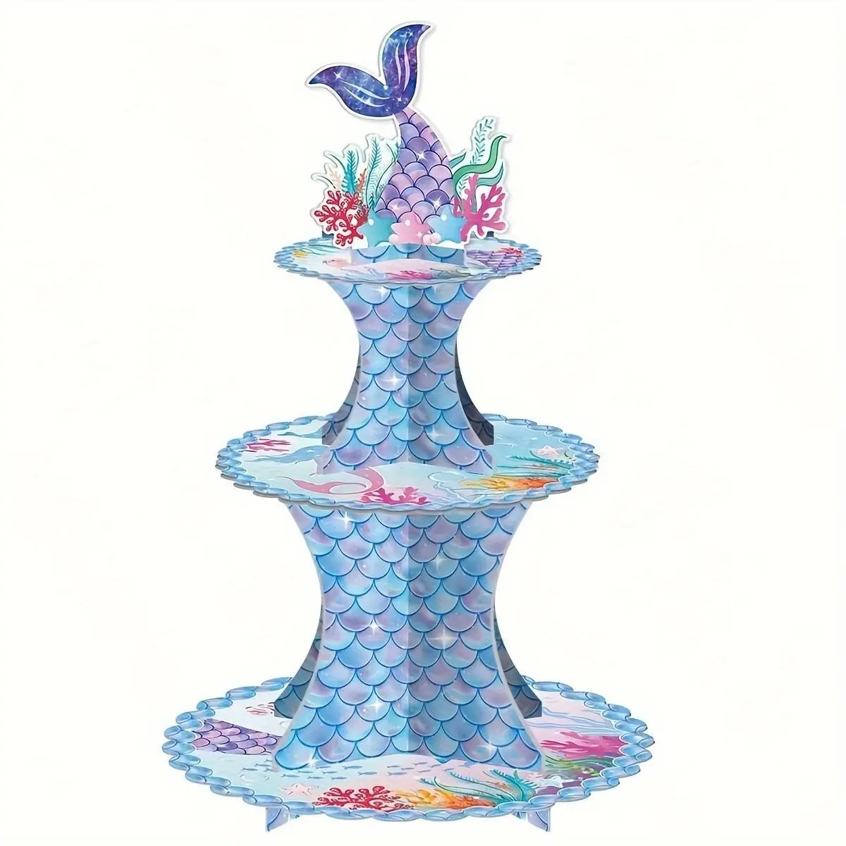 1Pcs 3 tiers mermaid cake stand. Mermaid tail cupcake stand. Suitable for underwater theme parties. Mermaid shower birthday party with blue ocean theme. Dessert table decoration cake stand. Cupcake Holder Cake Display Tower