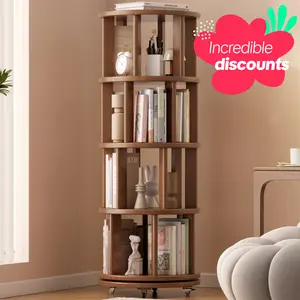 【School】100% Solid Wood - No MDF, Rotating Bookshelf on Wheels, Spinning Bookshelf Tower 360° Display Unique Round Bookcase for Home Study and Office Organization Furniture Stand