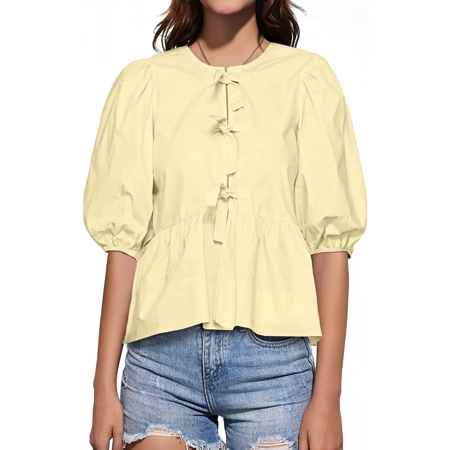Imily Bela Womens Tie Front Tops Summer Peplum Babydoll Puff Short Sleeve Blouse Cute Cotton Shirts