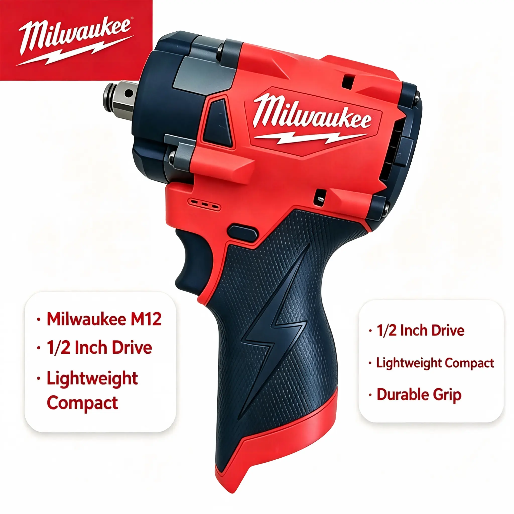 Milwaukee M12 Series 1/2 in Mini Compact Cordless Impact Wrench - Anti-Slip Grip, Reinforced Shell, 4-Mode Nut Bolt Fastener/Remover for Auto Repair, Small Machinery, Boat Anchor, Bare Tool/Accessory Combo Option, Storage Toolbox