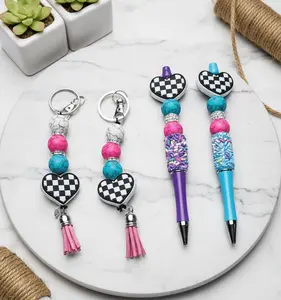 Handmade Checkered Heart Keychain: Multicolor Beaded Charm