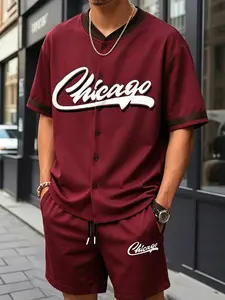 Chicago print tracksuit: Baseball collar cardigan short-sleeved top + drawstring shorts, featuring an American Chicago print. The loose fit flatters all body types, and the breathable fabric makes it suitable for everyday casual wear and sports.