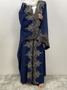 Women's Ethnic Pattern Embroidery Batwing Sleeve Abaya, Modest Casual Long Sleeve Open Front Abaya for Daily Wear, Women's Islamic Clothing for Spring & Fall