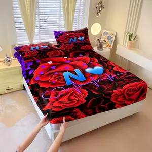 26 Initial Rose Heartbeat Pattern Digital Print Fitted Sheet Set, 3Pcs Romantic Red Roses & Purple Heart Pattern Bedding Set, Soft Microfiber for Bedroom Sofa, Stylish Aesthetic Decor. Includes 2 Pillowcases, No Pillow Core.