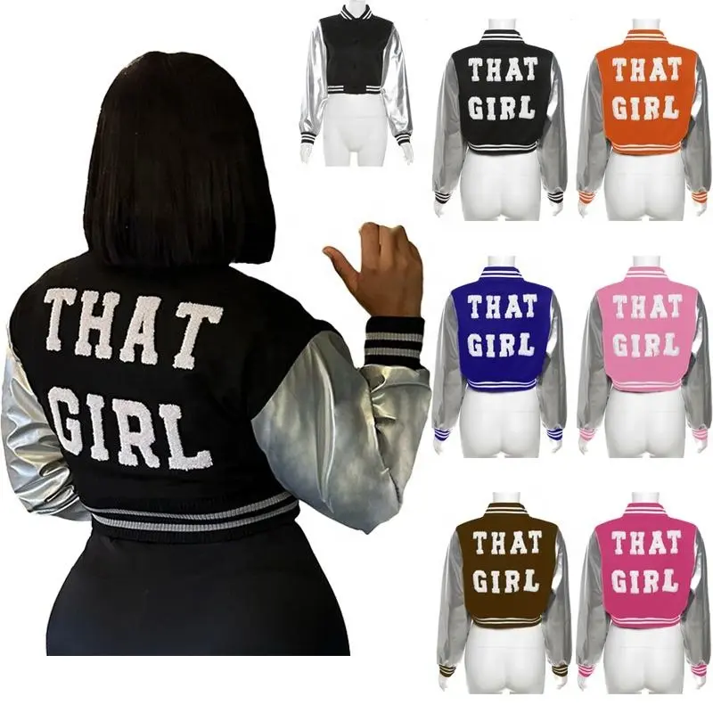 New Arrivals Autumn 2024 Long Leather Sleeve Varsity Letterman Jackets Women Baseball Bomber Jacket With Embroidery Decoration