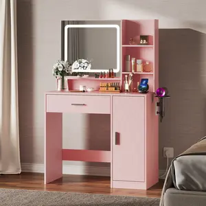 WLIVE Vanity Desk with Mirror and Lights, Makeup Table with Drawer, Cabinet and Open Shelves, Bedroom Dressing Table with Charging Station