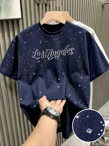 New Men's Short Sleeve T-Shirt, Fashion Starry Sky Reflective Craft, Letter Print Design, Sparkling Like Stars, Must-Have Casual, Essential Outerwear Item，Men's Summer Fashion Top