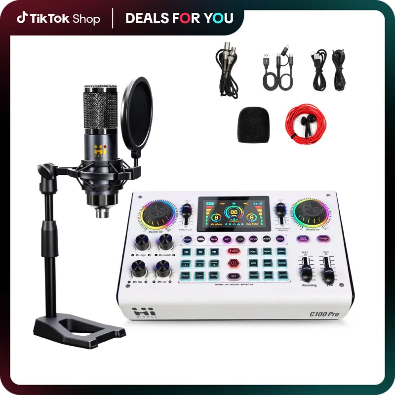 C100PRO USB Audio Mixer Home Amplifier - 48V Digital Sound Card, Dual DSP Chips, High Sampling, 3 Custom Effects, Follow-Singing, Instrument Reverb, Digital Display, Noise Reduction, RGB LED Lights, ABS Build, USB Port, Cordless Podcast Streaming Gear