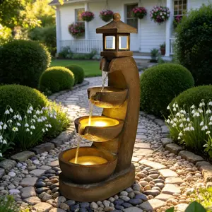 35.4" 4-Tier Pagoda Tower Outdoor Water Fountain, Rustic Resin Stone Cascading Fountain with LED Lights, Vintage Garden Feature for Patio, Yard & Farmhouse Decor