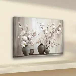 2D Flat, 2D Flat, Large Framed Canvas Art Print with Modern Abstract Vintage Floral And Vase Design, Suitable for Living Room, Bedroom Or Corridor Decoration, Neutral Tone Palette, Corridor Artwork Vintage Floral Design High-Quality Print
